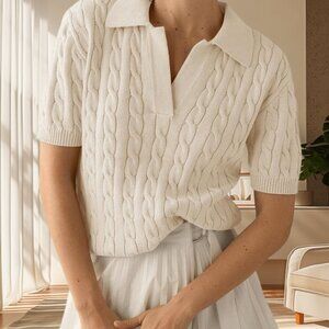 Apricot Casual Women's V Neck Cable Knit Short Sleeve Sweater